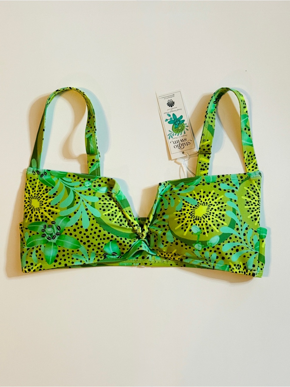 Studio Swim Kiwi Elba Bikini Top Green Tropical V Cut Notch Large NWT
